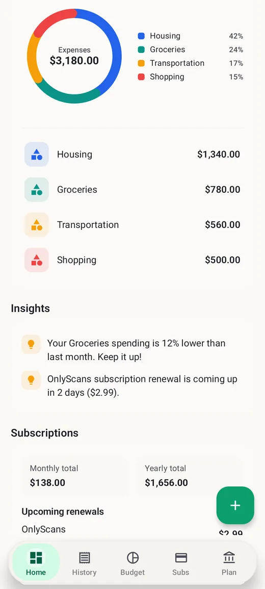 BudgetVault dashboard with category spending list