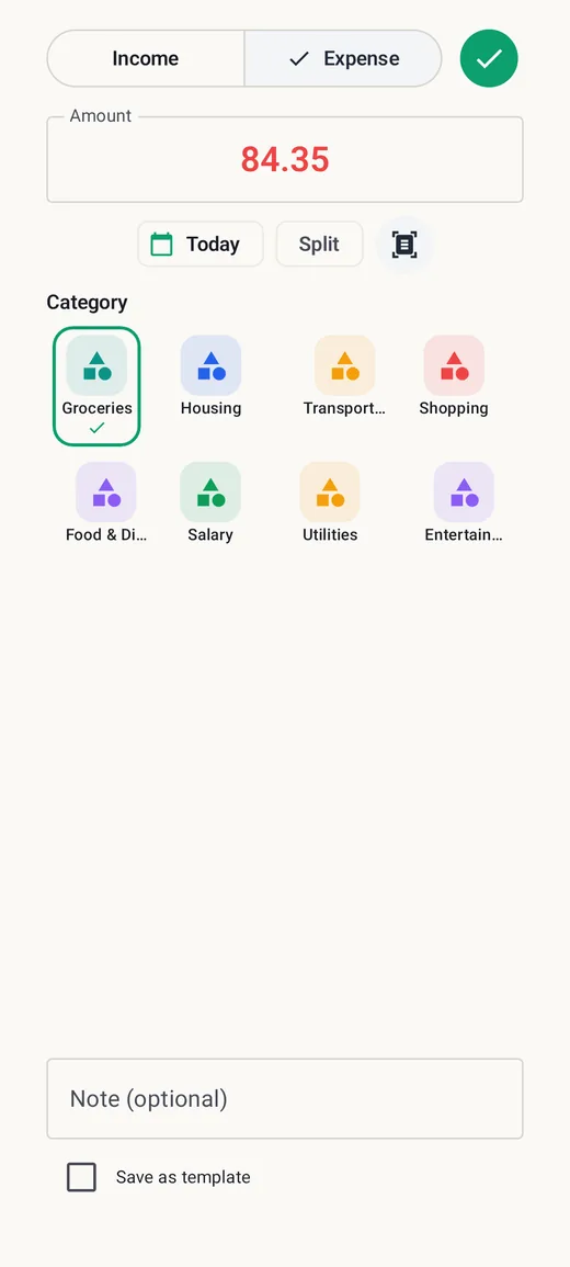 Adding a transaction in BudgetVault