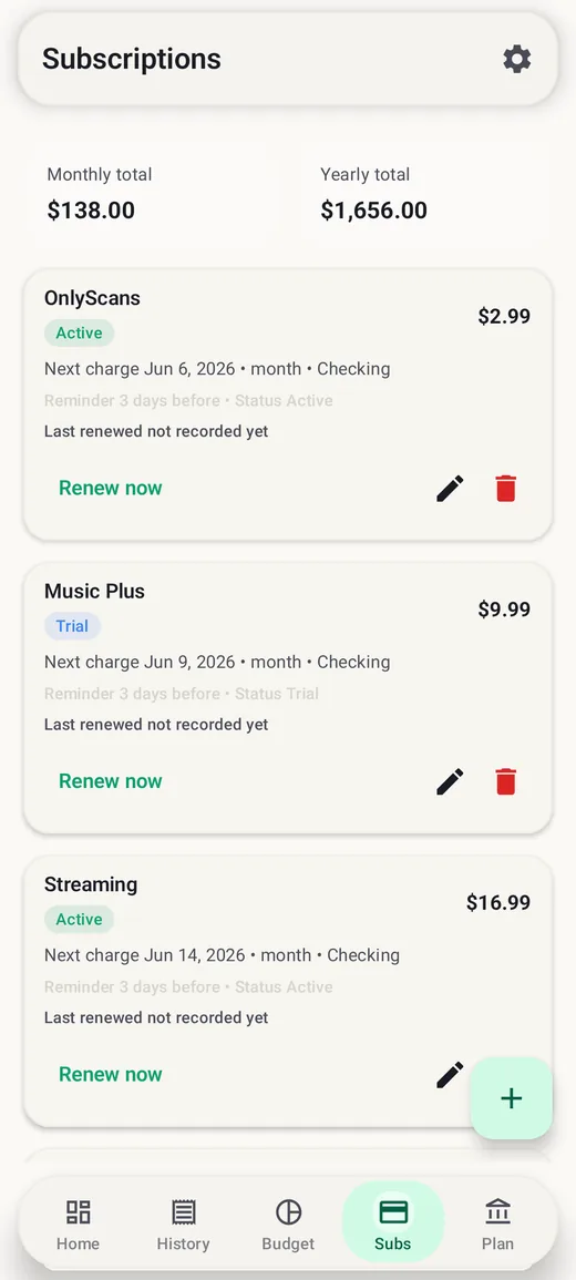 Subscription tracking screen in BudgetVault