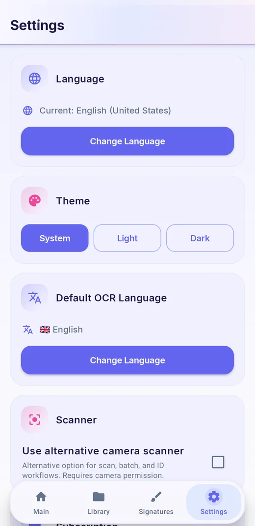 OnlyScans settings screen